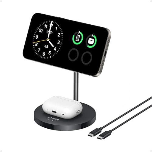 Anker MagSafe Compatible MagGo Charger Stand, iPhone 16 Wireless Charger, 2-in-1 Charging Station, Qi2 Certified 15W Wireless Charger Stand, for iPhone 16/15/14/13/12, AirPods Pro (No Adapter)