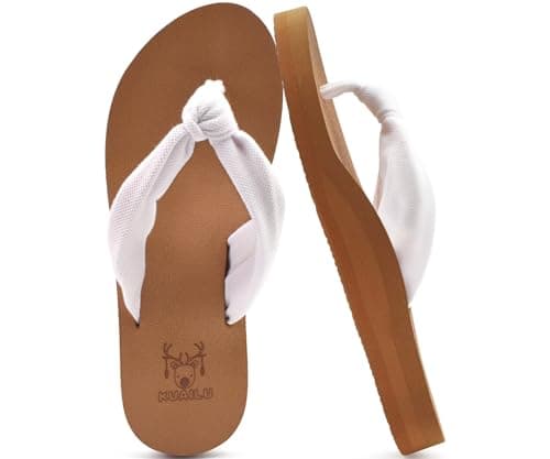 KuaiLu Flip Flops Women Arch Support Yoga Mat Comfortable Summer Beach Walking Thong Cushion Sandals Slip on Outfits Travel Essentials Orthotic Slides Indoor Outdoor Slippers Shoes White Khaki Size 9