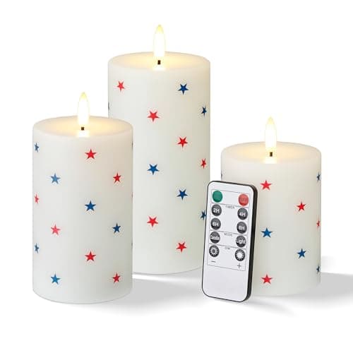 Velsyn Flameless LED Candles, 3 Patriotic Americana Pillar Candles, Timer, Remote Ready, Stars Design for July 4th Memorial Day