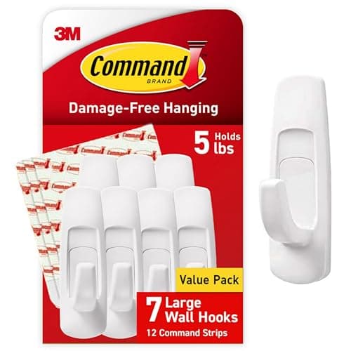 Command 5 lb Large Utility Hooks, 7 Wall Hooks and 12 Command Strips, Damage Free Hanging with Adhesive Strips, No Tools for Hanging, Organization and Storage