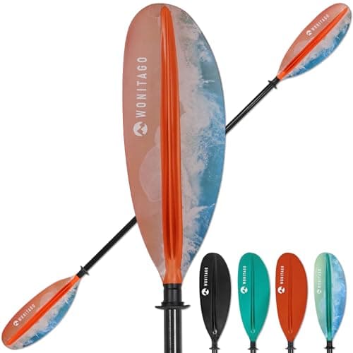 WONITAGO Kayak Paddle Premium Carbon Fiber Paddle with Reinforced PP + Fiberglass Blade, Floating Adjustable Kayaking Oars, 3 Piece, 220-240 cm/86-94 Inches Ocean Orange