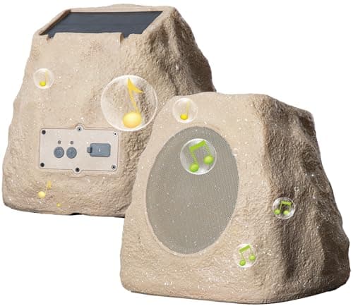 Outdoor Rock Speaker 60W Deep Bass Multi-Sync up to 100 Speakers Auto-Pairing, IPX7 Waterproof Solar-Powered with LED Lights Perfect for Pool, Garden, Patio, Ideal for Music Entertainers - 2 Pack