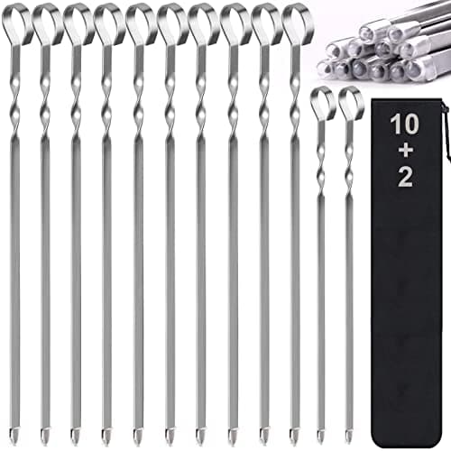 Skewers - 17" Kabob Skewers for Grilling, Metal Sticks for Kabobs Stainless Steel Flat Long Shish Kebab Reusable Grill BBQ Barbecue Sticks for Meat Chicken Vegetable, 12 Pack Bonus 14 Inch