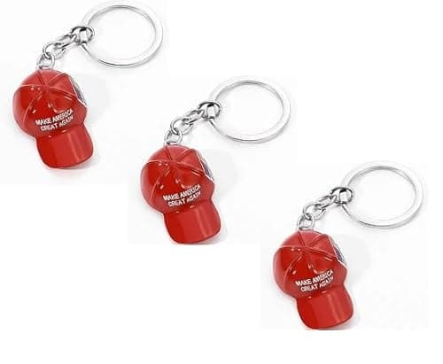 Set of 3 Red MAGA Hat Metal Keychains with USA Flag Key Ring – Patriotic Keychain for Men & Women