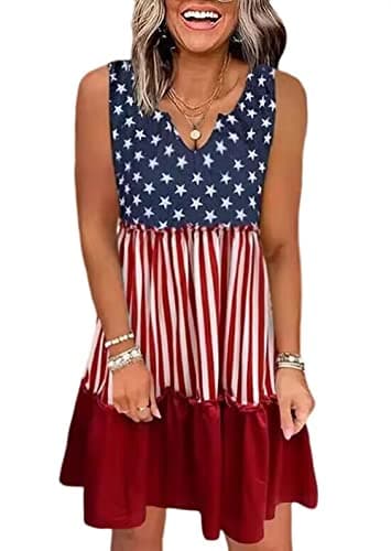 American Flag Star Vertical Striped Ruffled Mini Dress Womens Casual Loose Flowy Swing Dress Summer Boho Tank Dress (X-Large,Red)