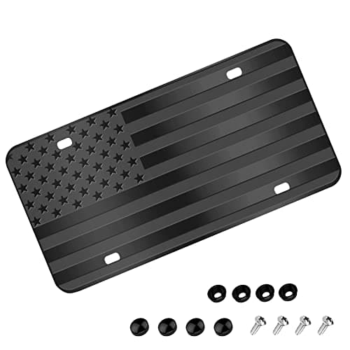 American Flag License Plate, Black Front Flag License Plates with 4 Holes,Novelty Vintage Aluminum Metal 3D Embossed US License Plate with Screws Caps, 6 * 12 inches