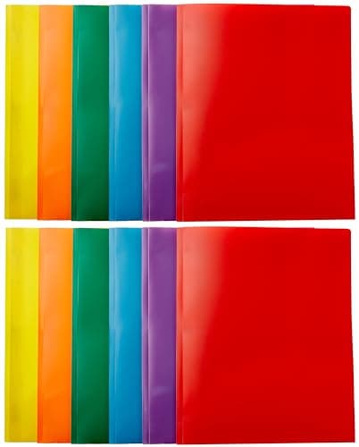 Amazon Basics Heavy Duty Colorful Plastic Folders with 2 Pockets for Letter Size Paper, Pack of 12, Assorted Colors