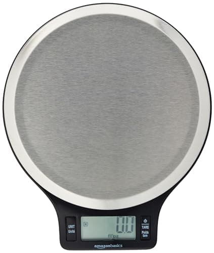 Amazon Basics Digital Kitchen Scale with LCD Display, Batteries Included, Weighs up to 11 pounds, Black and Stainless Steel