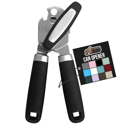 The Original GORILLA GRIP Heavy Duty Stainless Steel Smooth Edge Manual Can Opener and Bottle Openers, Soft Ergonomic Handle, Oversized Handheld Easy Turn Knob, Multifunctional Kitchen Tool, Black