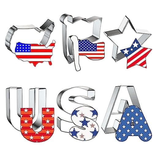 Hying 6PCS Patriotic Cookie Cutter Set for Baking, Metal Stainless Steel 4th of July Memorial Day Decor Cookie Cutters for Patriotic Cooking USA Map Flag Biscuit Cutter for Memorial Day Party Supplies