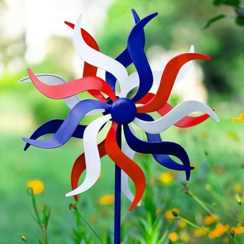 VEWOGIFT 15" Dia Wind Spinners Outdoor, Patriotic Kinetic Wind Sculptures & Spinners, 58" Tall Decorative Windmill for Garden Yard, Independence Day Decor
