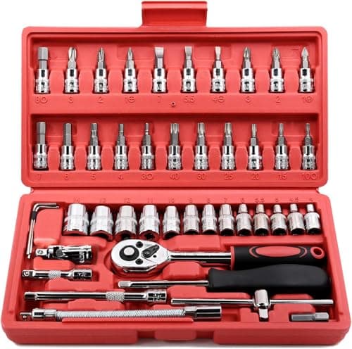 Egofine 46 Pieces 1/4 inch Drive Socket Ratchet Wrench Set, with Bit Socket Set Metric and Extension Bar for Auto Repairing and Household, with Storage Case