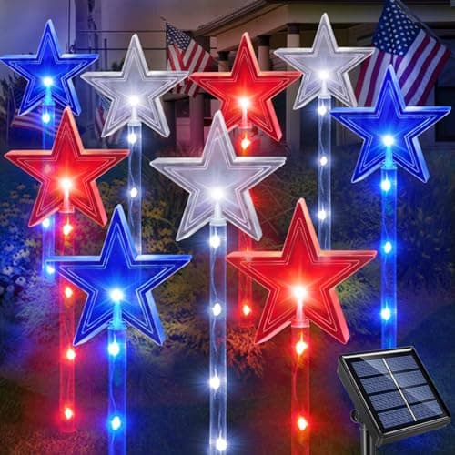 Upgraded 9-Pack Solar 4th of July Decorations Outdoor Stake Lights,Solar Red White and Blue Star Lights for 4th of July Decor,Waterproof Outside Patriotic Lights for Memorial Day Garden Yard Lawn