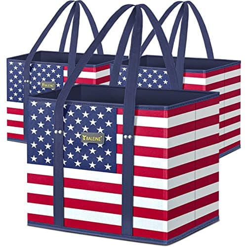 BALEINE 3Pk Reusable Grocery Bags, Foldable Shopping Bags for Groceries with Reinforced Bottom & Handles (Patriot Celebration)