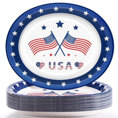 BONSINY 50 Count 4th of July Plates Oval Blue Paper Plates 12 inch x 10 inch - Patriotic Decorations for Independence Day, 4th of July Party Supplies