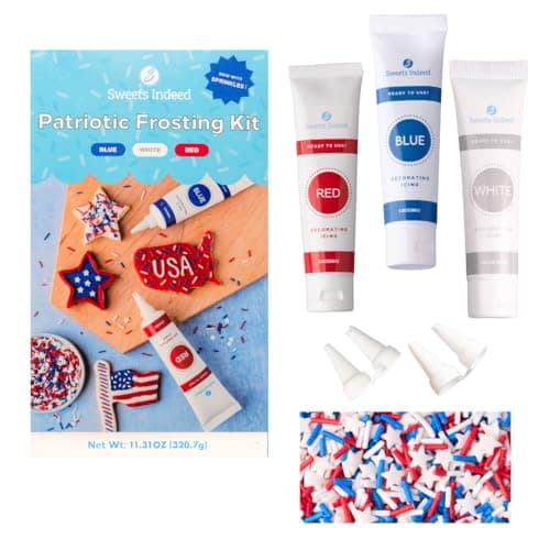 Sweets Indeed Patriotic Frosting Kit plus Sprinkles Frosting Tubes nozzles 11.71 ounces Red White and Blue Stars Perfect for baking and cookie decoarting (4th of July)