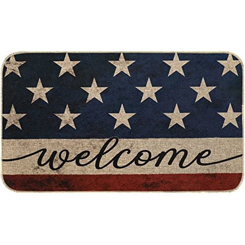 AnyDesign Patriotic Welcome Doormat Retro American Stars Stripes Door Mat with Anti-Slip Rubber Vintage Linen Floor Mat for 4th of July Independence Day Indoor Outdoor Home Kitchen Decor, 17 x 29 in