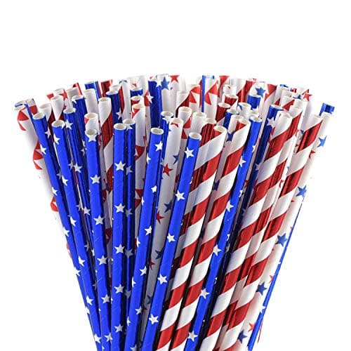 ALINK American Flag Red Blue White Paper Straws, 100 Straws for Memorial Day /4th of July, Super Bowl, Patriotic Party, Americana Themed Party Celebration