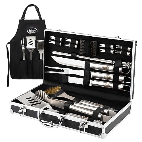 Kaluns Grilling Accessories, Dad Gifts for Fathers Day Grilling Gifts, Heavy Duty Stainless Steel BBQ Grill Tools Set for Outdoor Grill with Aluminum Case and Apron, Dad Birthday Gifts for Men Husband