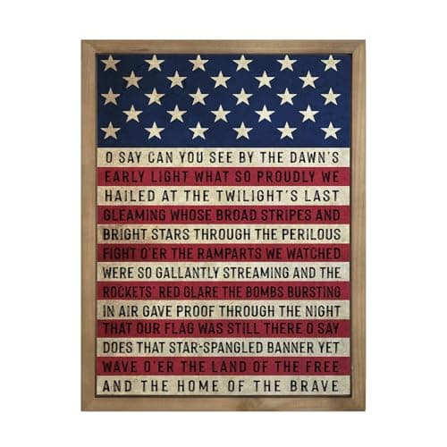 pechpell 4th Of July Wall Decor, 15.7×11.8 Inch Wooden Patriotic Wall Art, Red White And Blue American Flag National Anthem Sign, Indoor Independence Day Decorations for Home