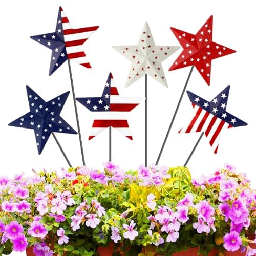6 Pcs 12" H Metal Barn Garden Stake 4th of July American Yard Sign Patriotic USA Flag Yard Sign for Planter Pot Walkway Pathway Independence Day Outdoor Decor 4th of July Decoration(Star)