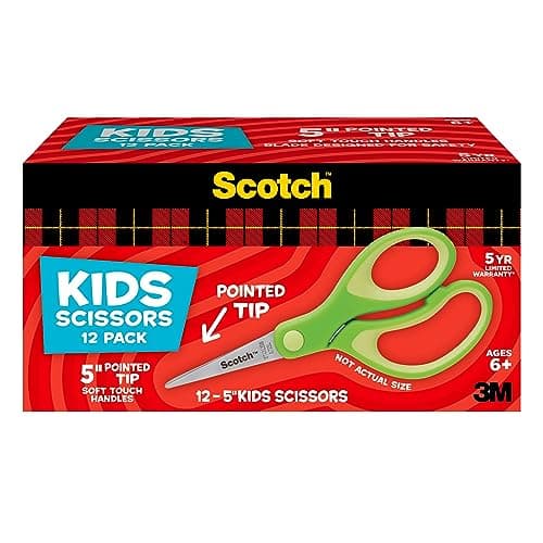 Scotch 5 Soft Touch Pointed Kid Scissors, Green, 12 Count Teachers Pack
