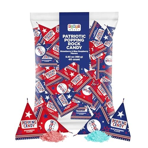 PartyWorks Patriotic Candy - 40 Count Bag - Popping Rocks Pouches - 4th of July Candies - Strawberry, Blue Raspberry Flavors - Individually Wrapped Triangles