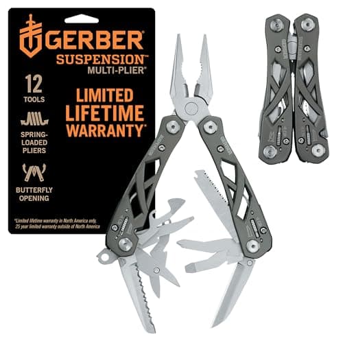 Gerber Gear Suspension 12-in-1 EDC Multi-Plier Multitool with Pocket Knife, Needle Nose Pliers, Wire Cutters and More, Gifts for Men, Camping and Survival, Grey