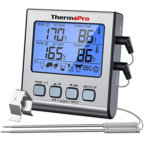 ThermoPro TP17 Dual Probe Digital Cooking Meat Thermometer Large LCD Backlight Food Grill Thermometer with Timer Mode for Smoker Kitchen Oven BBQ, Silver