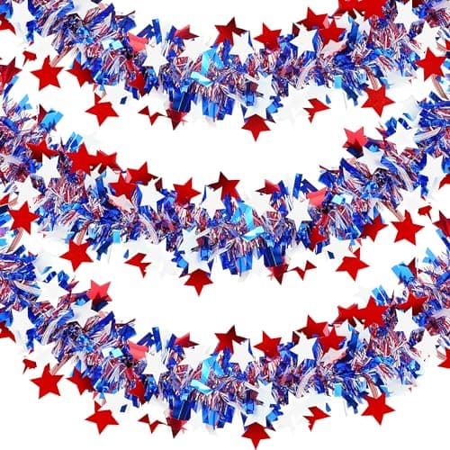51.2 Ft Patriotic Tinsel Garland 4th of July Decorations Metallic Star Red White Blue Garland for Independence Day Memorial Day Tree Banister Fireplace Home Party Indoor Outdoor Decoration