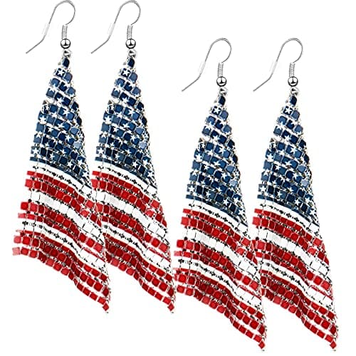 2 Pairs 4th of July American Flag Earrings Stars and Stripes Earrings USA Lightweight Dangle Red White Blue American Flag Earrings Patriotic Earrings for Women 4th of July Independence Day Daily Wear