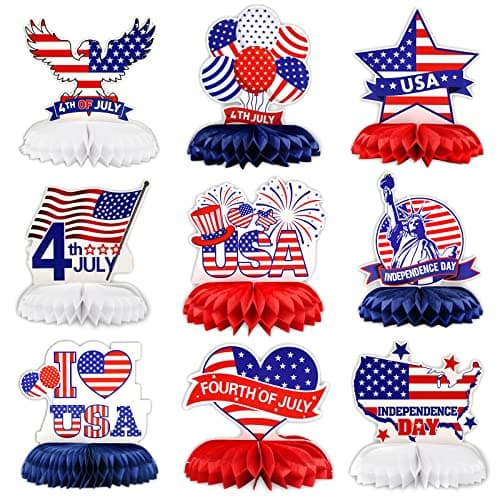 9 Pieces Fourth of July Patriotic Honeycomb Centerpieces Decorations. American Flag USA Balloons Statue of Liberty Patterns Table Topper Ornaments Signs Party Decorations